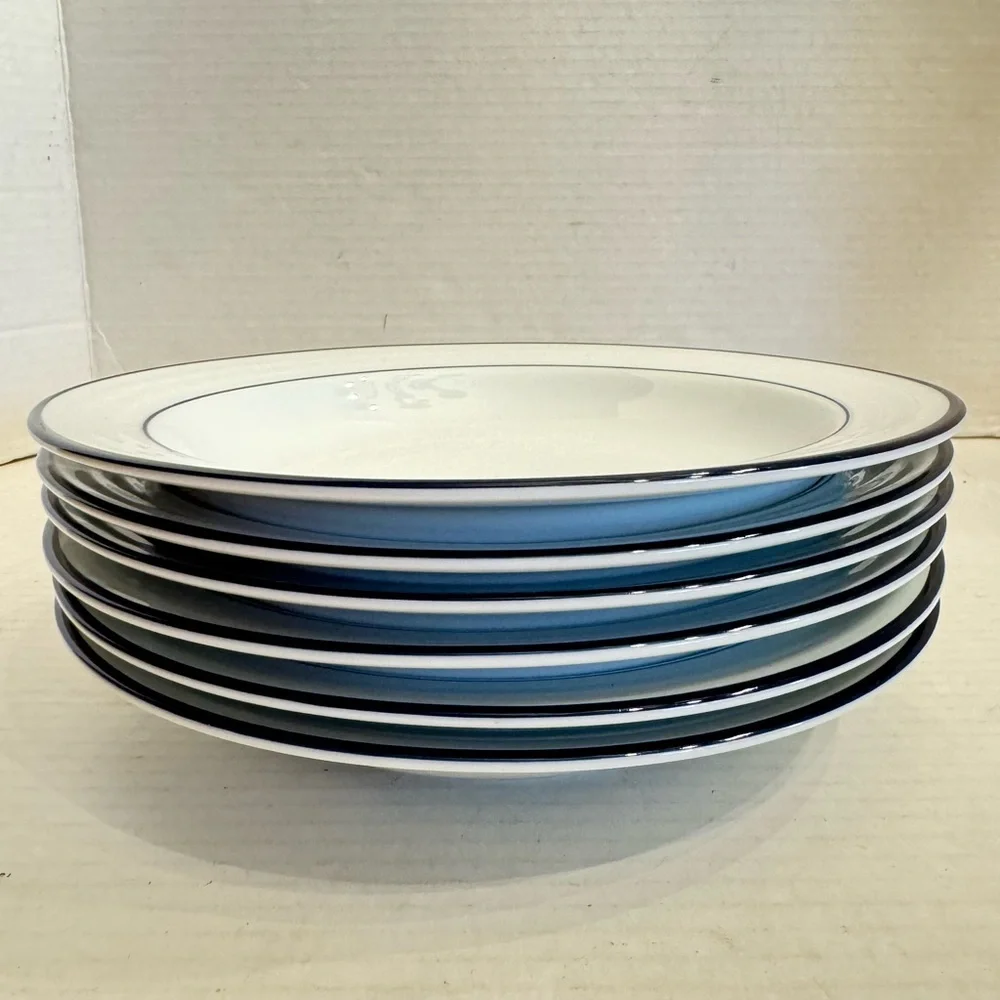 Lot of 2 Crate & Barrel Spal Porcelain Roulette Blue Trim 9” Soup Bowls